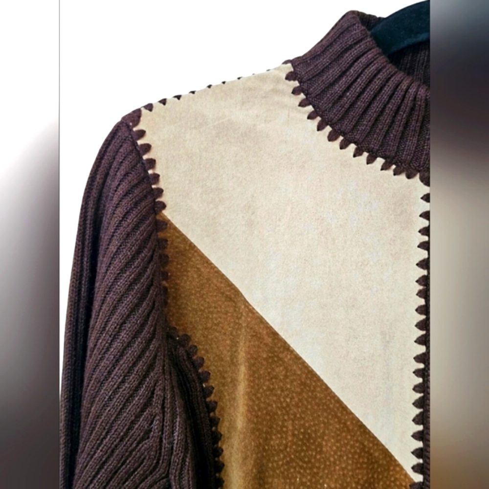 Vintage Designer Studio Western Leather Stitch Colorblock Zip up Jacket Brown - Picture 8 of 15